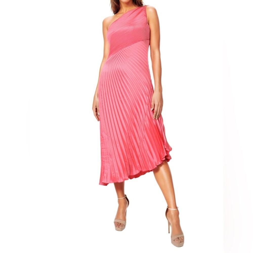 Rene Ruiz Collection One Shoulder Pleated Asymmetrical Hem Cocktail Dress Coral